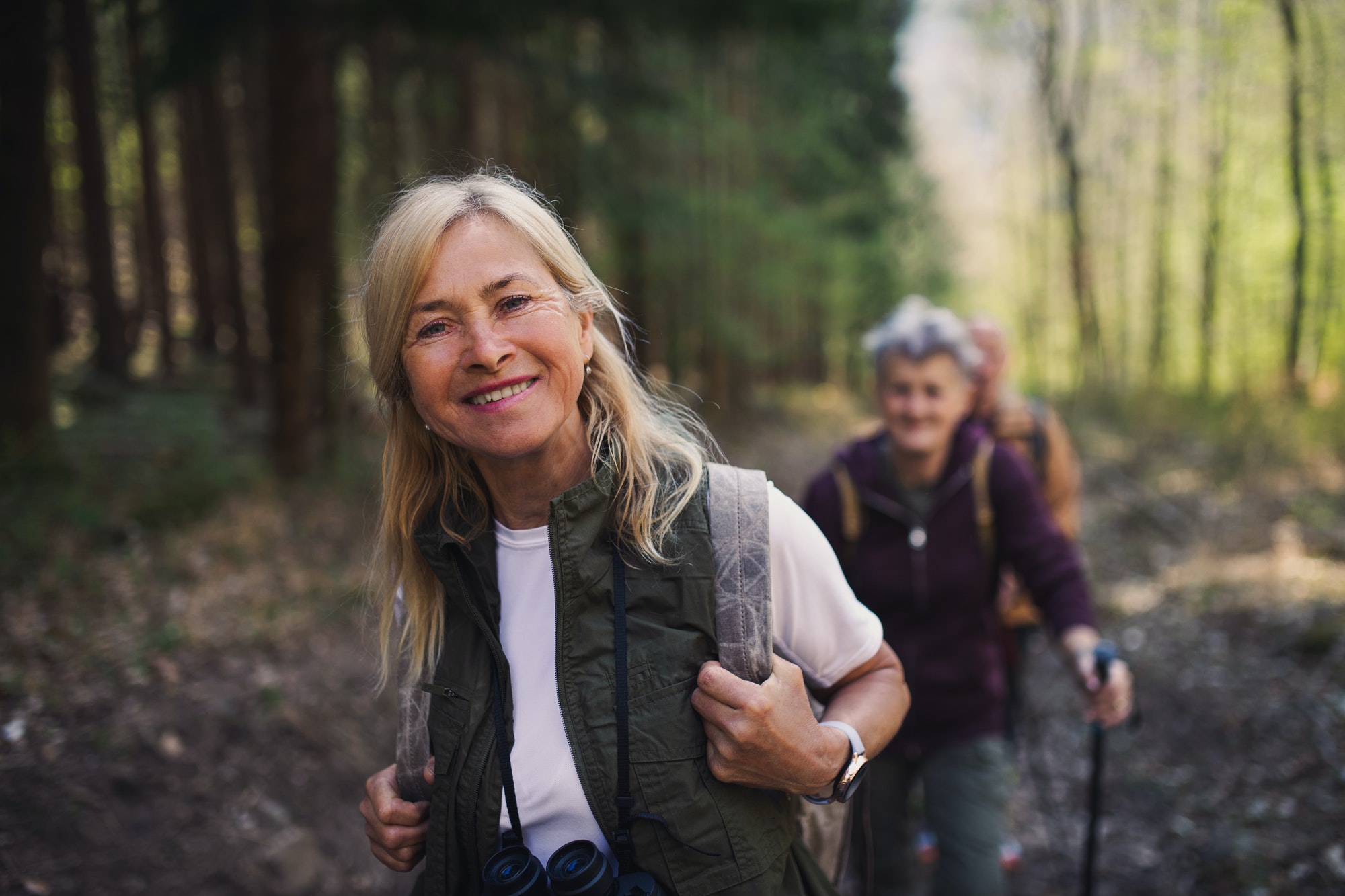 Senior women hikers outdoors walking in forest in nature, looking at camera